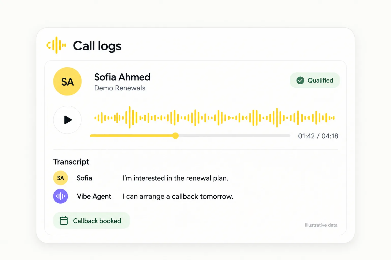 The Vibe Caller call log: a list of recent calls with outcomes, next to a selected call showing its waveform player, AI transcript and AI summary.