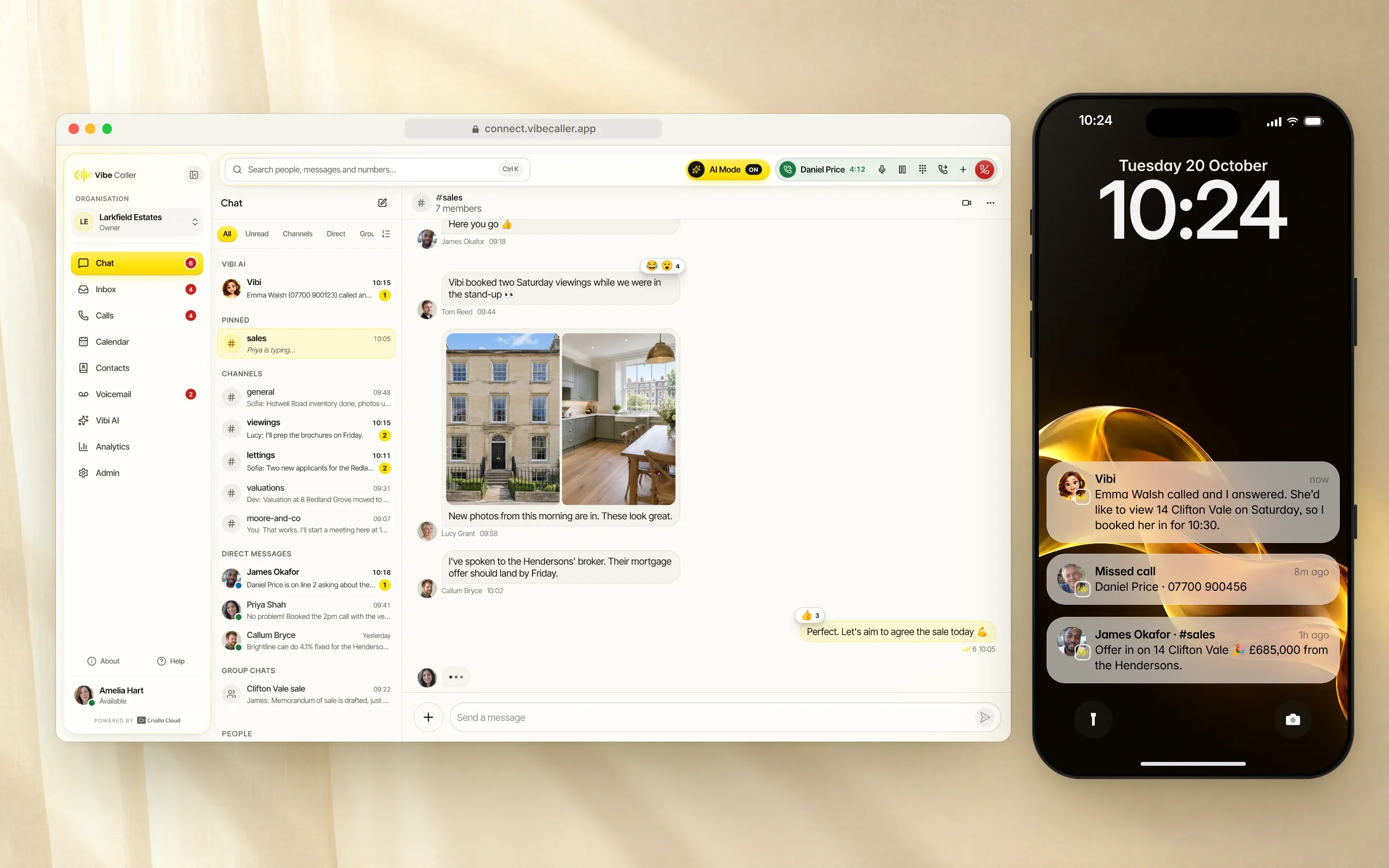 Vibe Caller on desktop and iPhone: the #sales team channel with photos and reactions, and lock screen notifications from Vibi about a booked viewing, a missed call and a new offer.