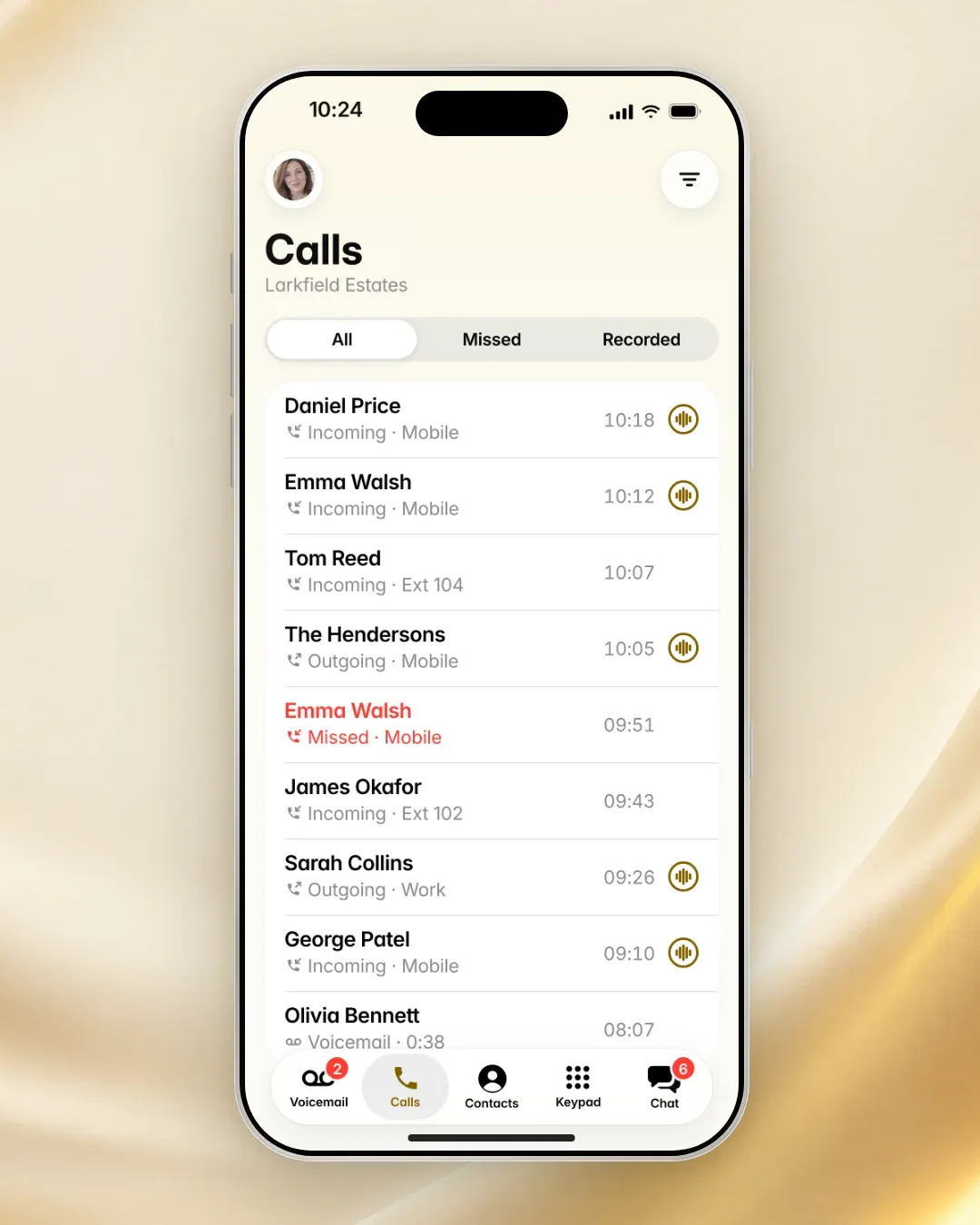 The Vibe Caller mobile call history with incoming, outgoing and missed calls, recordings and a voicemail.
