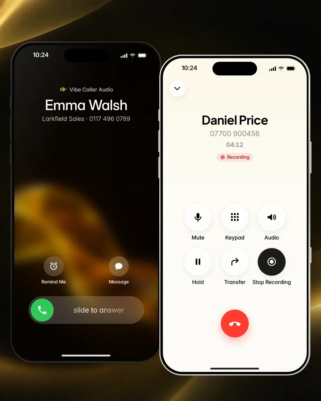 An incoming call to the Larkfield Sales line on an iPhone, beside the Vibe Caller in-call screen with mute, keypad, audio, hold, transfer and recording controls.