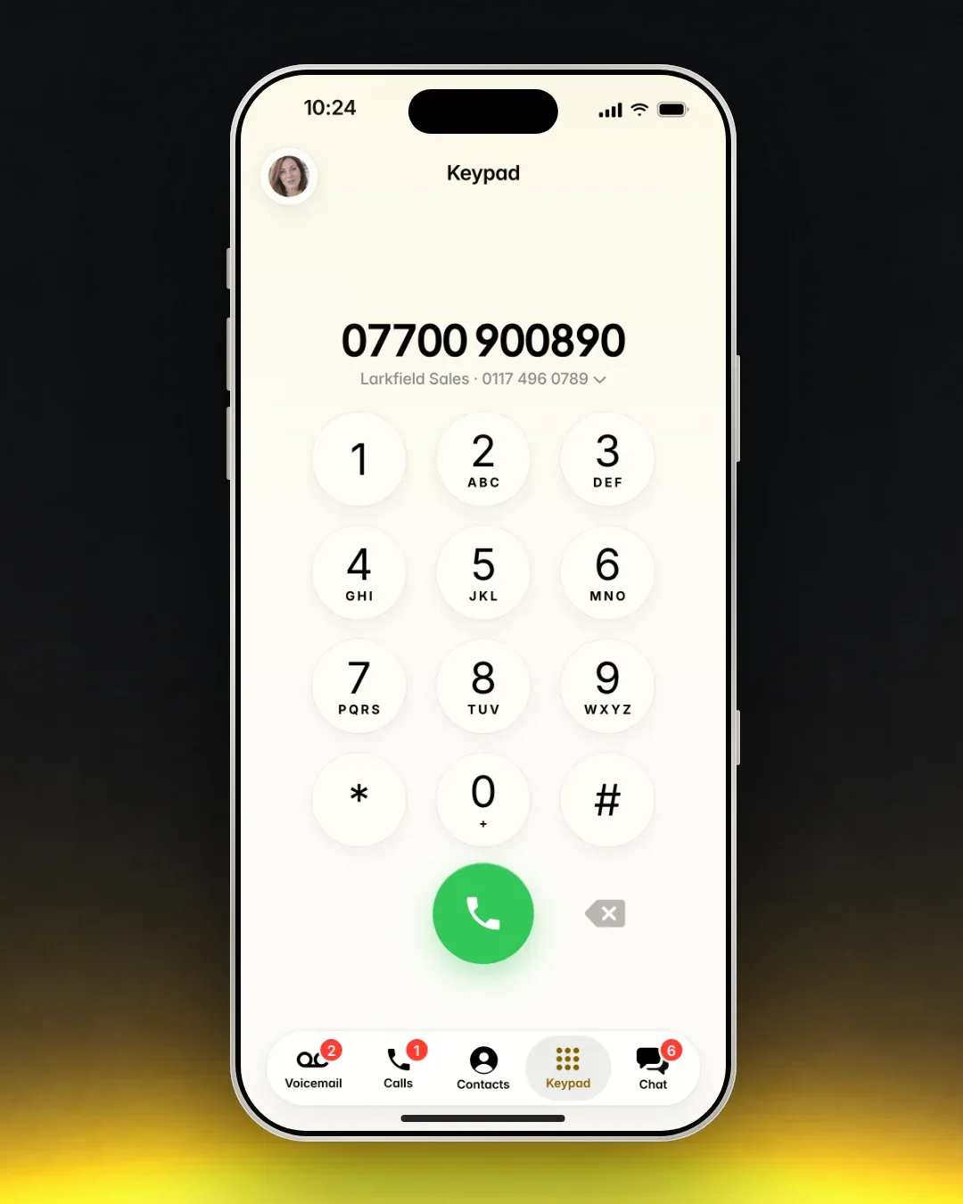 The Vibe Caller mobile keypad dialling 07700 900890 from the Larkfield Sales number.
