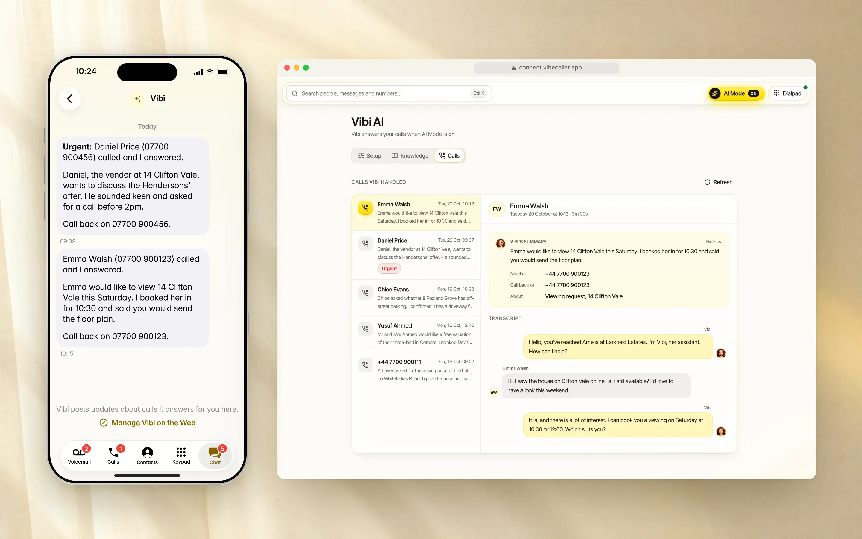 Vibi's call updates in the mobile chat, with an urgent call flagged, beside the Vibi AI calls page showing a call summary and the full transcript.